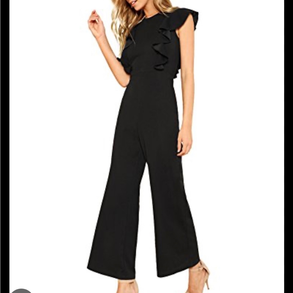 Romwe Women’s Sexy Casual Sleeveless Ruffle Trim Wide Leg High Waist Jumpsuit